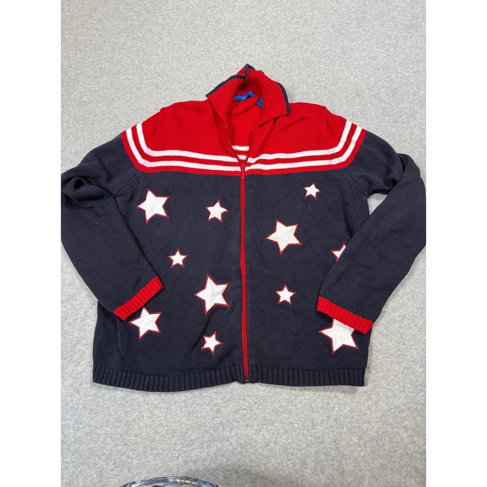 Karen Scott Sport Womens XL Red White Blue Stars Full Zip Mock Neck Sweater